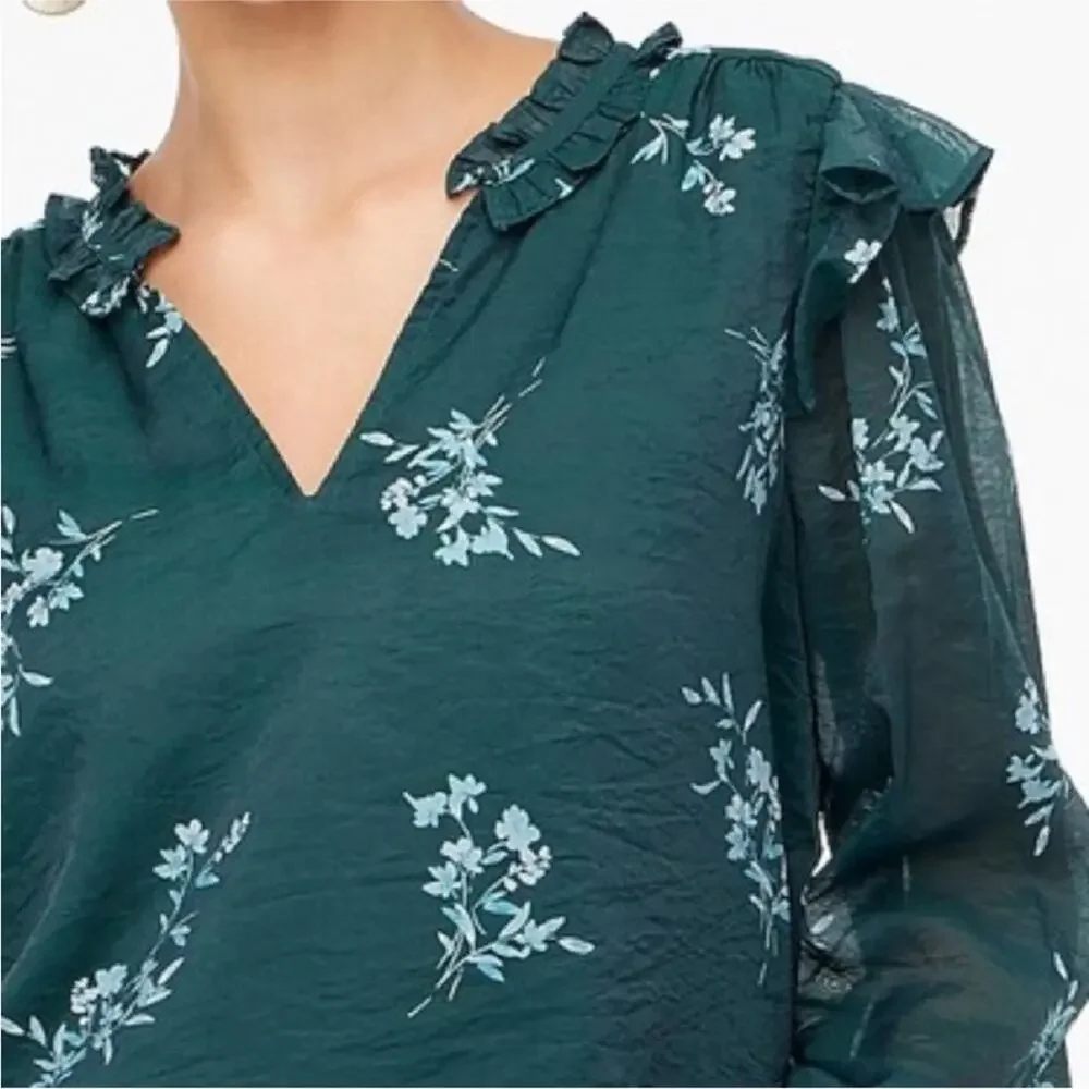 NWT J CREW Green Floral Ruffle Collar Long Sleeve Lined Top BK428 Shirt SMALL